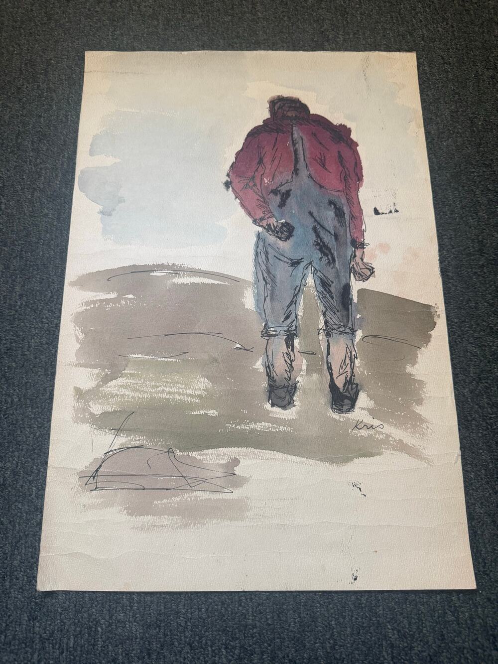 Original Signed by Kris Watercolor Artwork Watercolor Painting Man in Overalls
